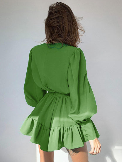 Vintage Long Sleeves Elastic Waist Short Dresses