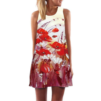 Summer 3D Floral Print Sleeveless Mini Short Dresses-STYLEGOING