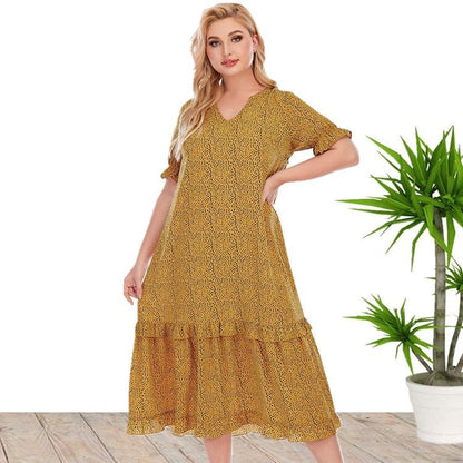 Summer Short Sleeves Loose Yellow Plus Size Dresses-STYLEGOING