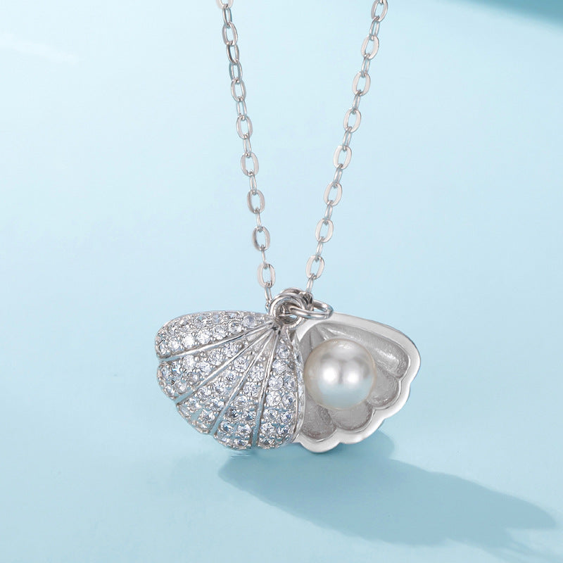 Women Fan Shaped Pearl Sterling Sliver Necklace