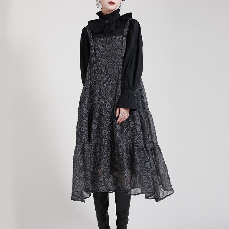 Black Adjustable Strap Floral Women Fall Dresses