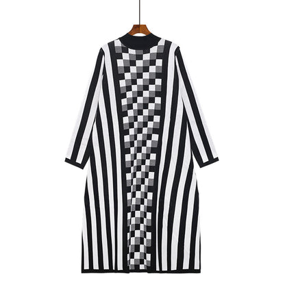 Black&white Knitting Striped Women Long Cozy Dresses