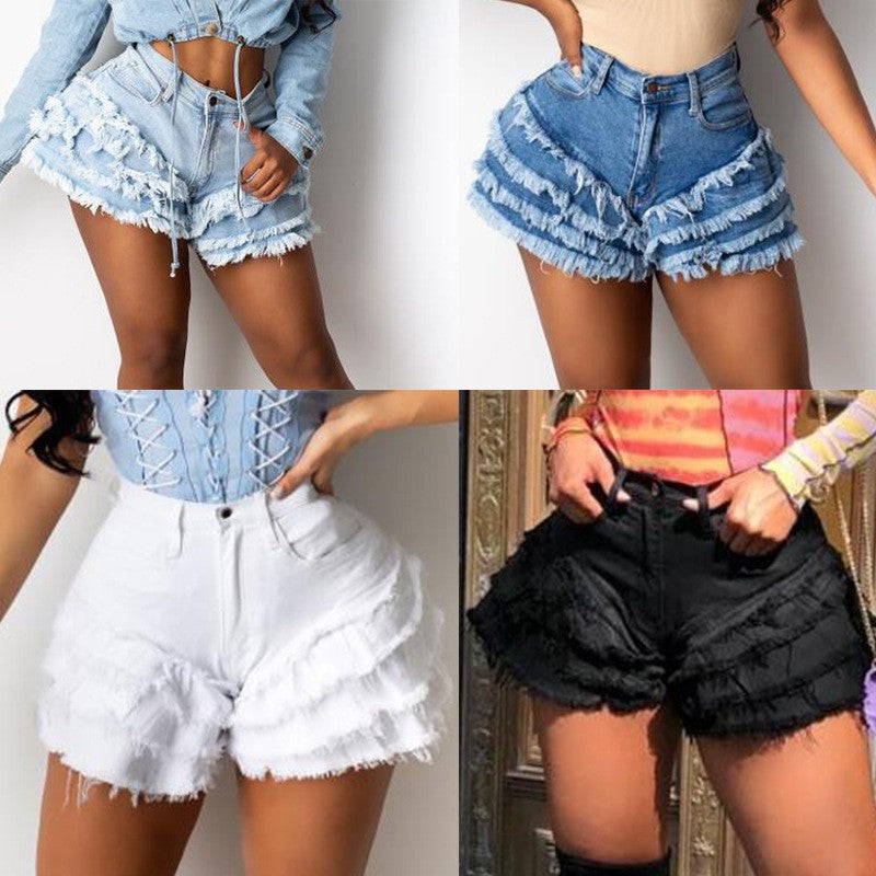 Casual Ruffled Denim Short Trousers for Women