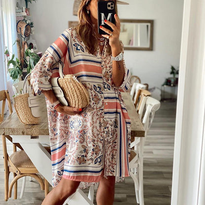 Summer Loose Geometry Polo Neck Dresses-STYLEGOING