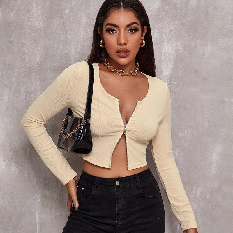 Sexy Zipper Knitted Long Sleeves T Shirts