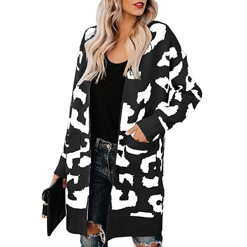 Women Leopard Design Pockets Knitting Cardigans