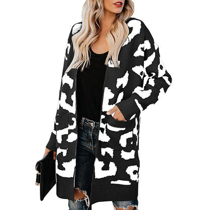 Women Leopard Design Pockets Knitting Cardigans