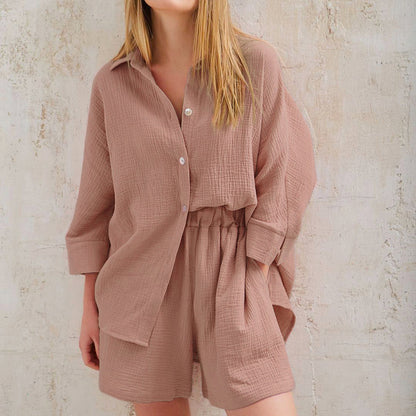 Women Cotton Two Pieces Shirts and Crop Shorts Sets