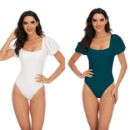 Square Neckline Short Sleeves Swimsuit-STYLEGOING
