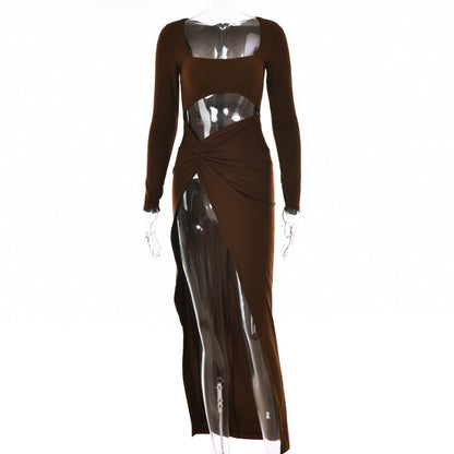 Sexy Square Neckline Split Front Long Sleeves Dresses