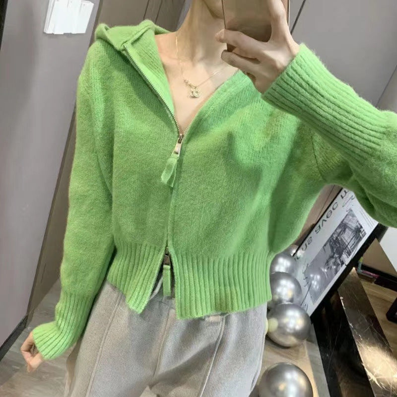 Casual Double Zippered Short Knitting Hoodies Sweaters