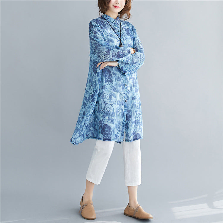 Blue Plus Sizes Long Women Shirts