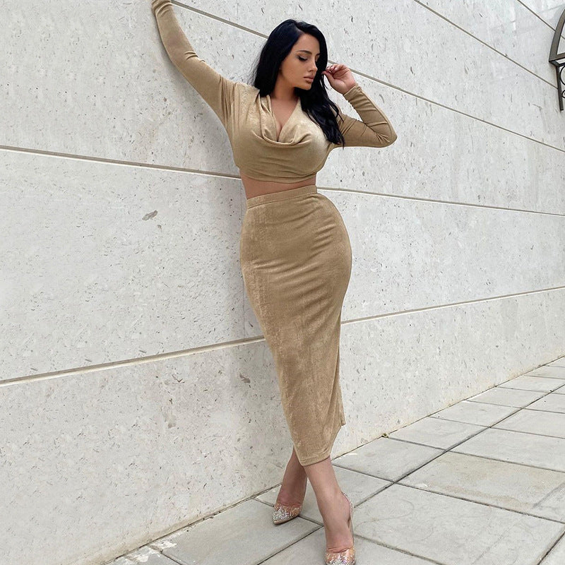 Sexy High Waist Long Sleeves Midriff Baring 2pcs/Set