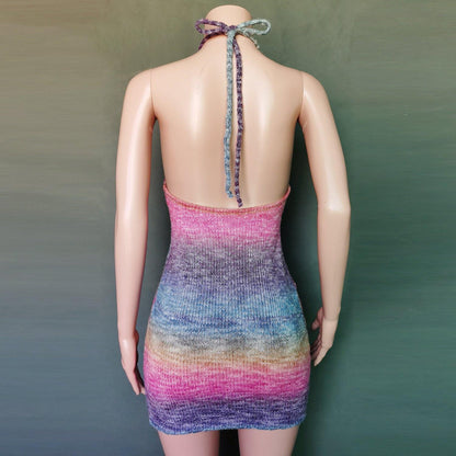 Sexy Deep V-neck Rainbow Knitting Dresses-STYLEGOING