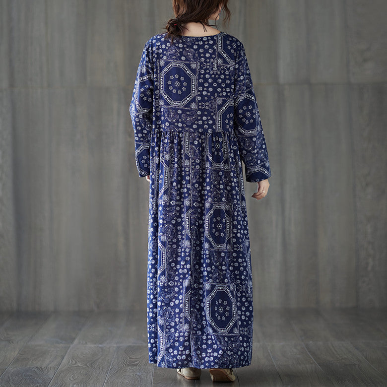 Vintage Plus Sizes Long Sleeves Blue Fall Dresses