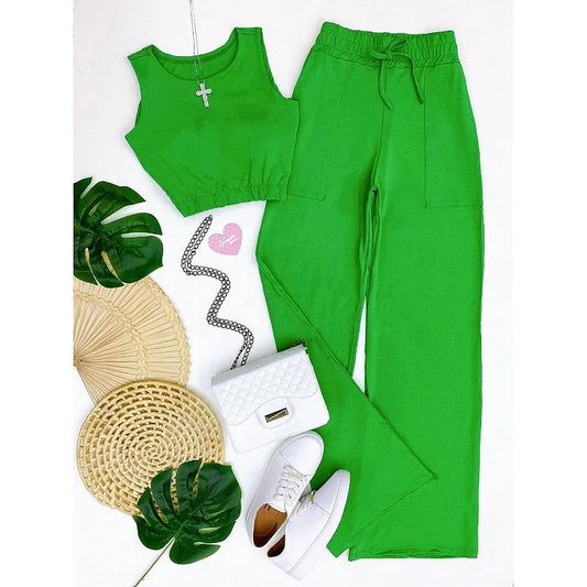 Casual Drawstring Short Tops and Wide Legs Pants