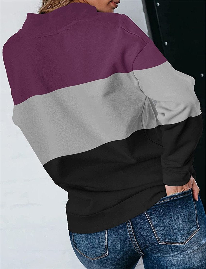 Women Casual Contrast 3 Colors Zipper Neck Fall Hoodies