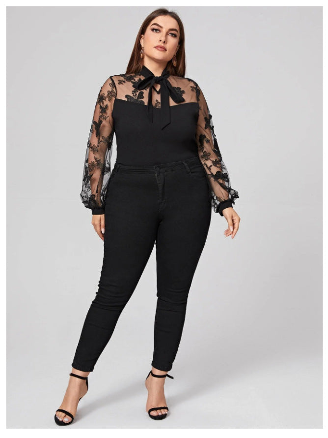 Black Tulle Plus Size Women Long Sleeves Shirts