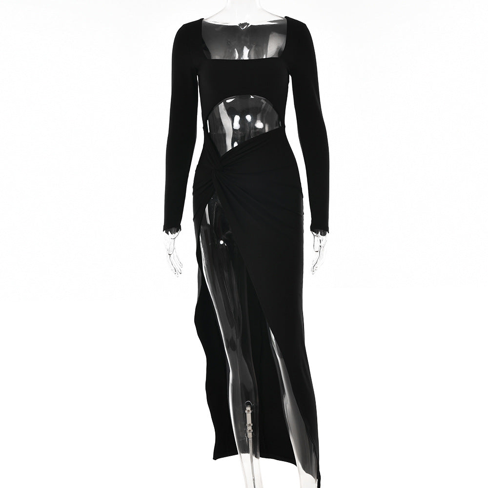 Sexy Square Neckline Split Front Long Sleeves Dresses