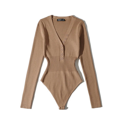 Women Slim Waist Long Sleeves Knitting Basic Romper Shirts