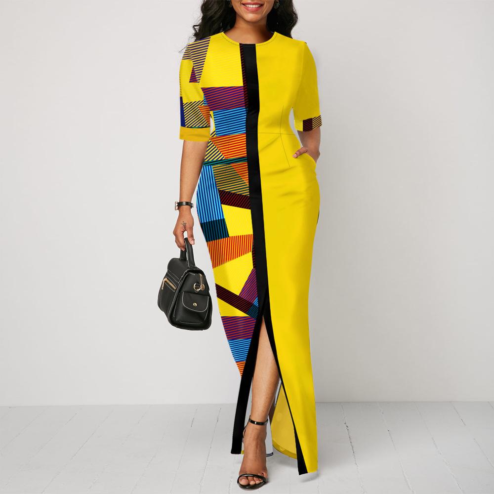 Women Round Neck Split Joint Long Dresses-STYLEGOING