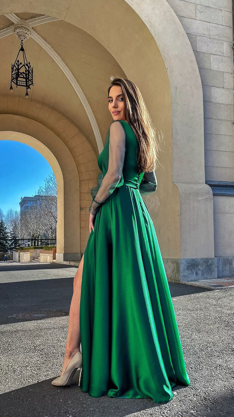 Round Neck Long Sleeves Green Party Dresses for Women