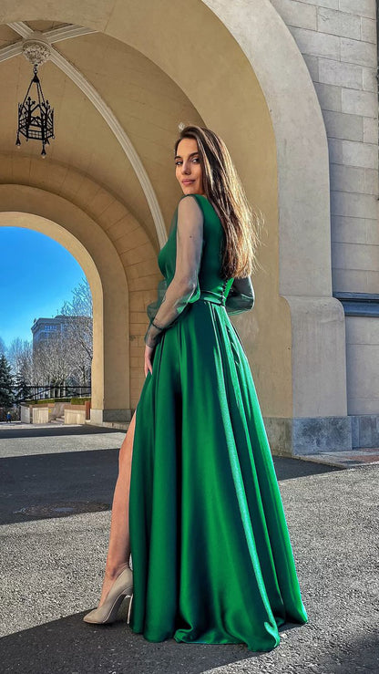 Round Neck Long Sleeves Green Party Dresses for Women