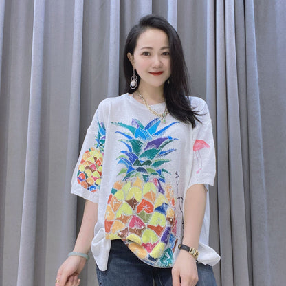 Summer Short Sleeves Diamond Pineapple Designed Knitting T Shirts