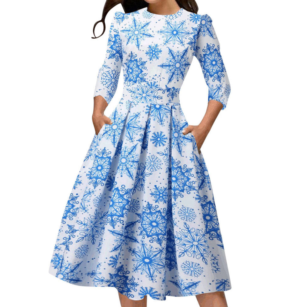 Merry Christmas Round Neck 3/4 Length Short Dresses