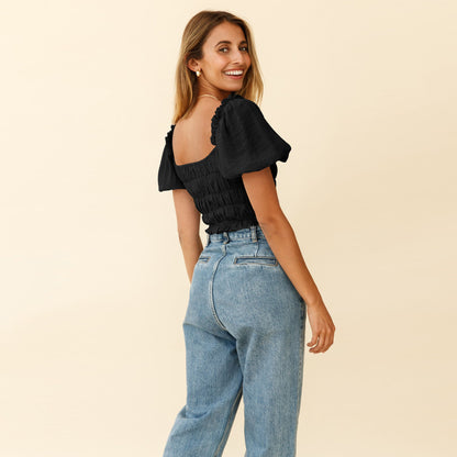 Sexy Square Neckline Chiffon Midriff Baring Summer Women Tops