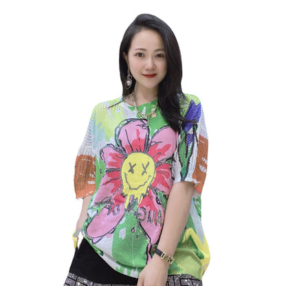 Summer Pullover Diamond Short Sleeves Knitting T Shirts