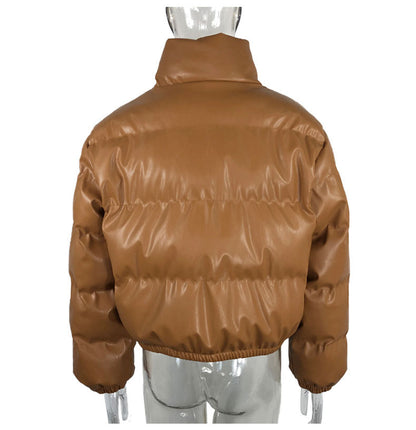 Fashion Casual Women PU Short Cotton Padded Overcoat