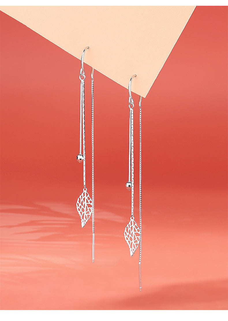 Leaf Design Sterling Sliver Long Tassel Earrings for Women