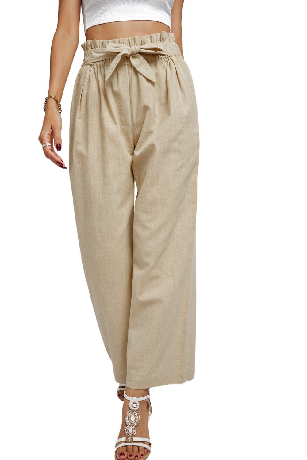 Casual Women Linen Long Pants-Khaki-S-Free Shipping at meselling99