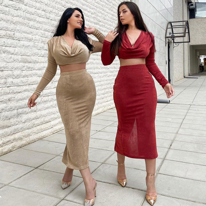 Sexy High Waist Long Sleeves Midriff Baring 2pcs/Set