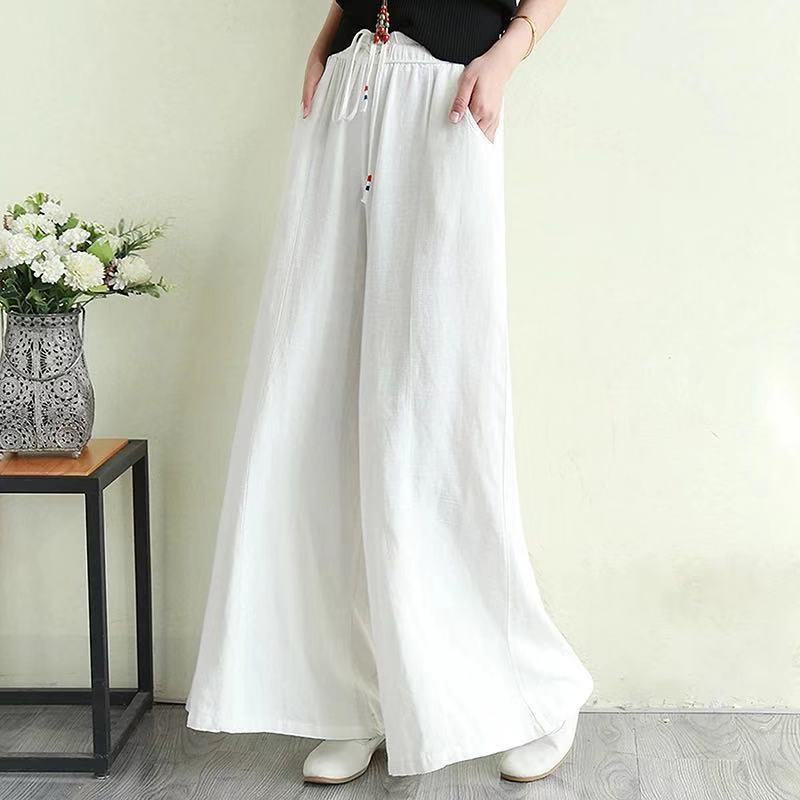 Vintage Linen Elastic Waist Summer Wide Legs Pants for Women