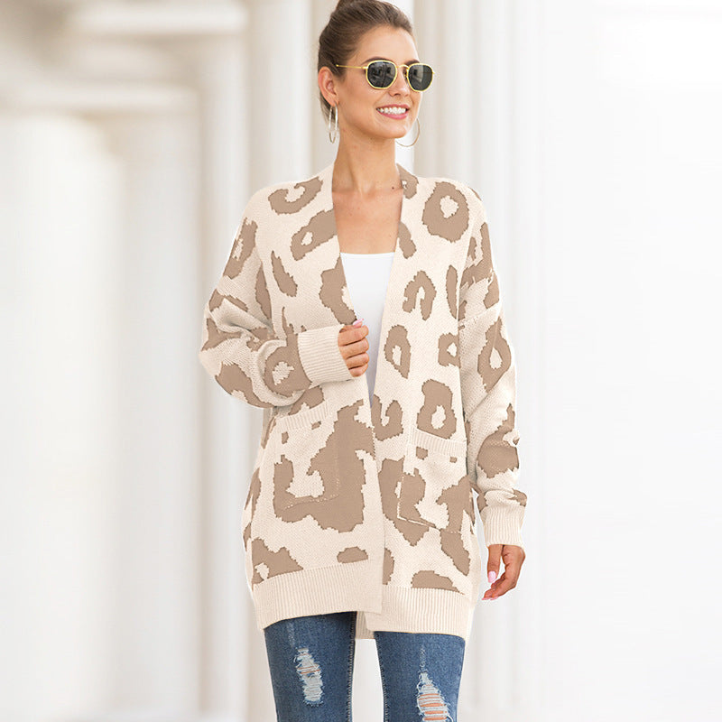 Women Leopard Design Pockets Knitting Cardigans