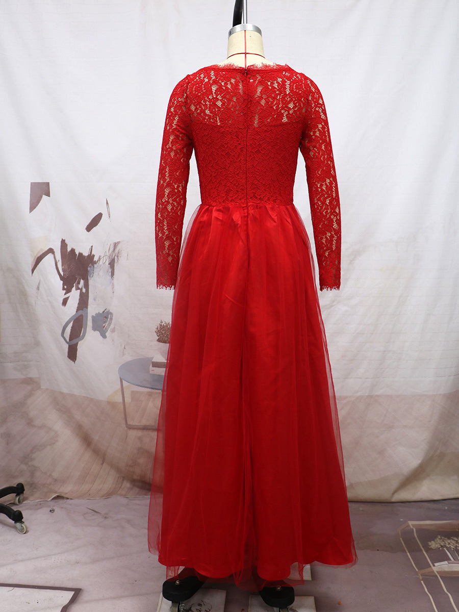 Elegant Long Sleeves Red Lace Evening Dresses