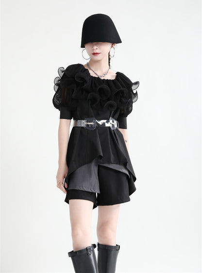 Summer Off The Shoulder Chiffon Ruffled Shirts with Belt for Girls