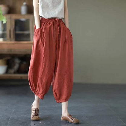 Vintage Elastic Waist Linen Summer Trousers for Women