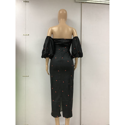 Sexy Strapless High Waist Puff Sleeves Strawberry Dresses