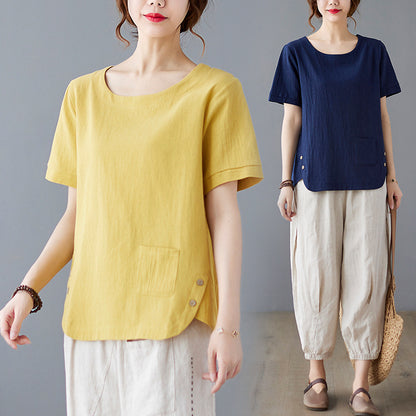 Casual Linen Short Sleeves Women Blouses