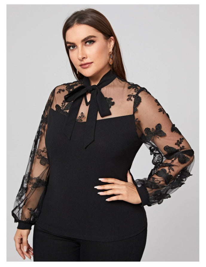 Black Tulle Plus Size Women Long Sleeves Shirts