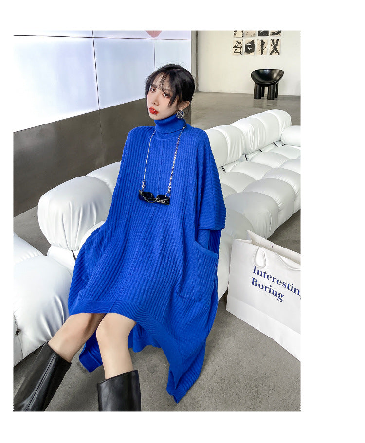 Women High Neck High Low Designed Knitted Long Cozy Dresses