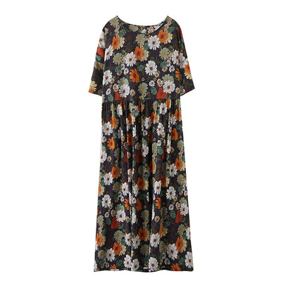 Vintage Flowers Design Summer Short Sleeves Long Cozy Dresses