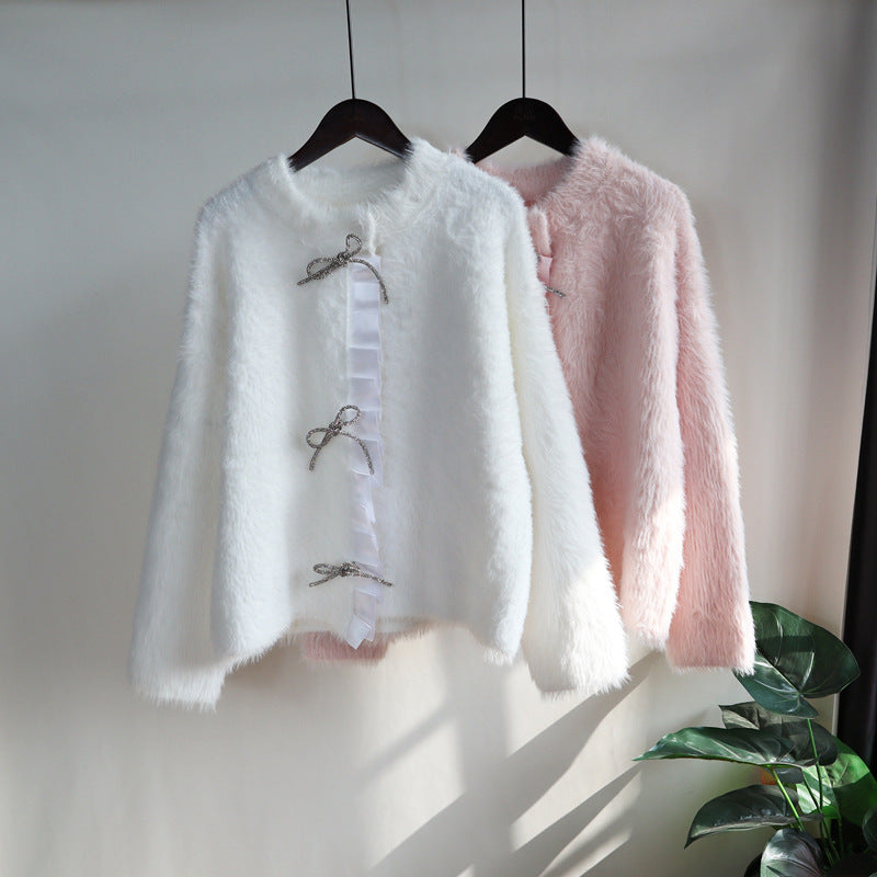 Lovely Mink Wool Bowknot Design Women Overcoat