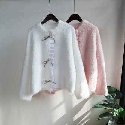 Lovely Mink Wool Bowknot Design Women Overcoat