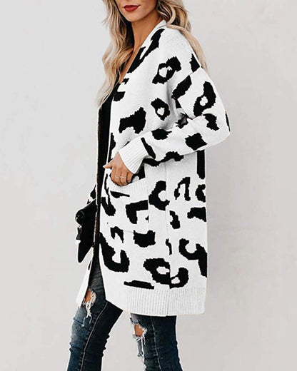 Women Leopard Design Pockets Knitting Cardigans