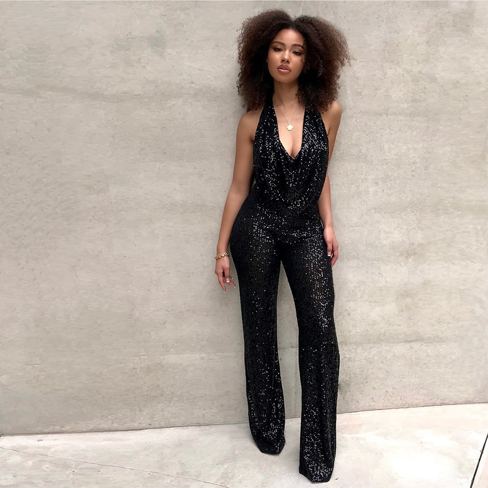 Sexy Deep V Neck Backless Sequined Sleeveless Jumpsuits
