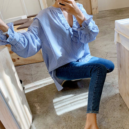 Casual Striped Ruffled Fashion Long Sleeves Shirts